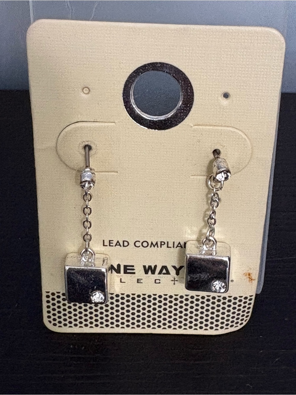 One Way Collection Silver Drop Chain Square Earrings with Crystal Accent. New.
